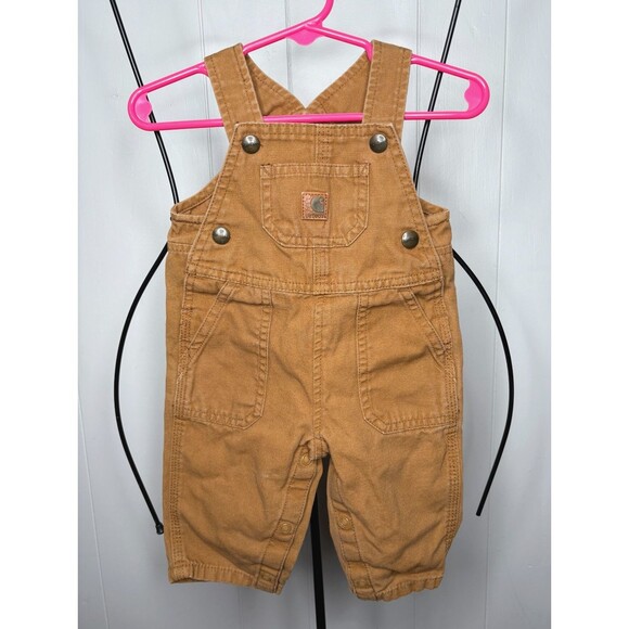 Carhartt Baby Infant Brown Tan Canvas Bib Overalls 6 Months Snap Leg Unisex - Picture 1 of 8